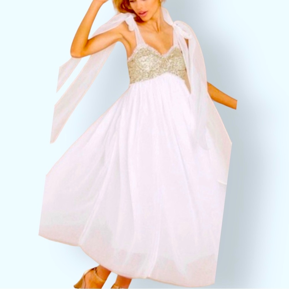 LoveShackFancy x Free People Romia 2 | XS Off White Gold Sequin Wedding Formal